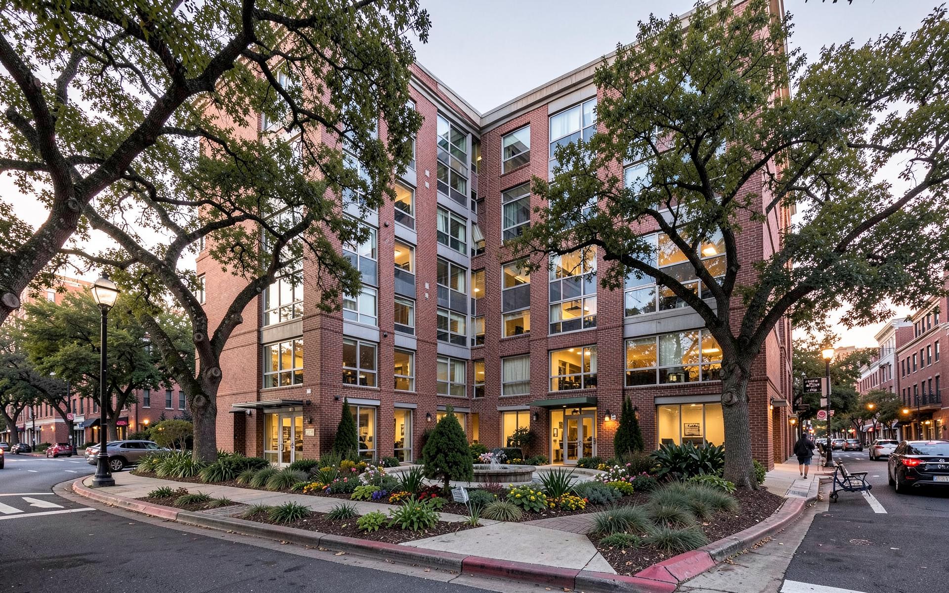 Brick and glass mid-rise apartment building on a tree-lined Charlotte corner at dusk