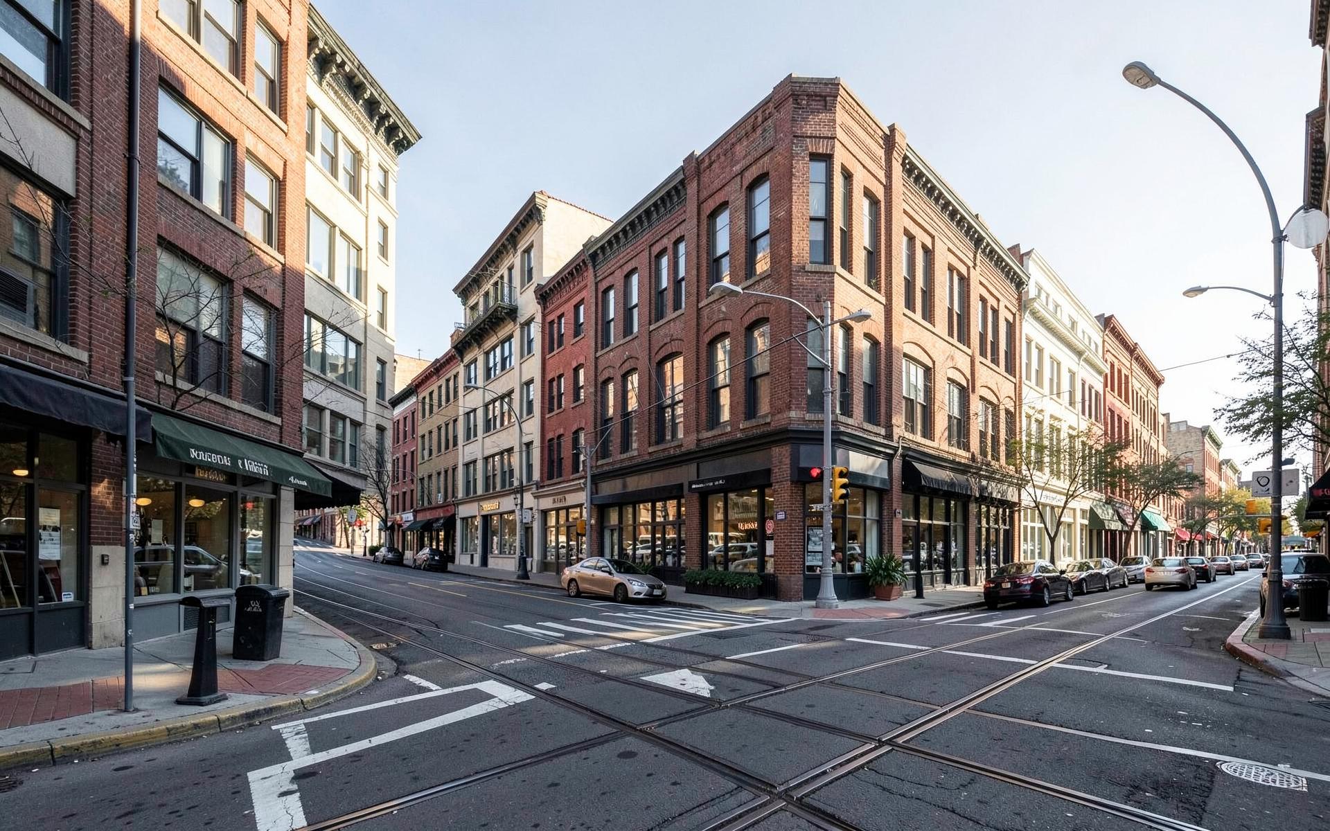 Brick storefront block on an urban avenue with streetcar tracks in the pavement
