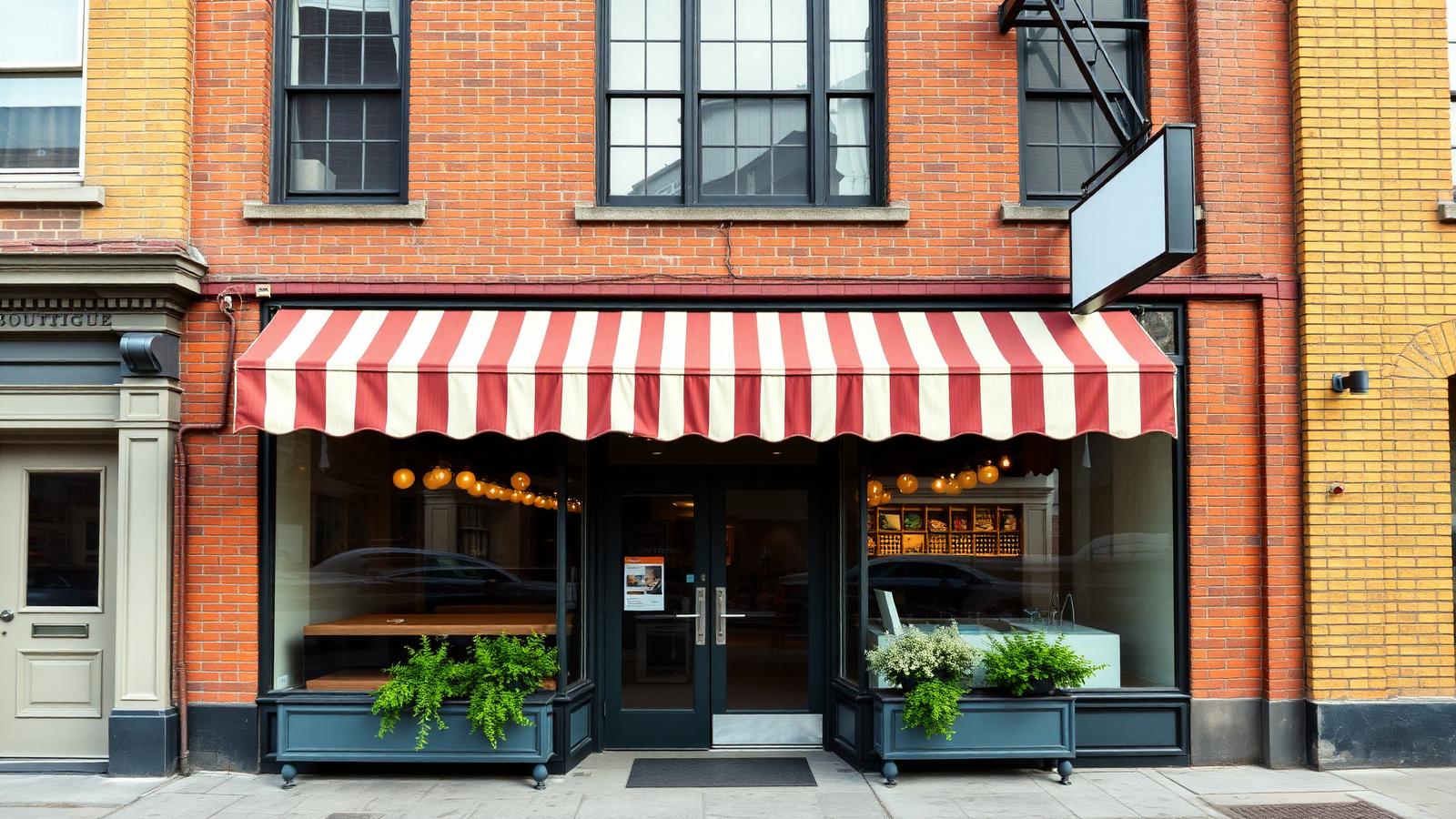 Independent boutique storefront with a striped awning and window display on a brick sidewalk in Charlotte