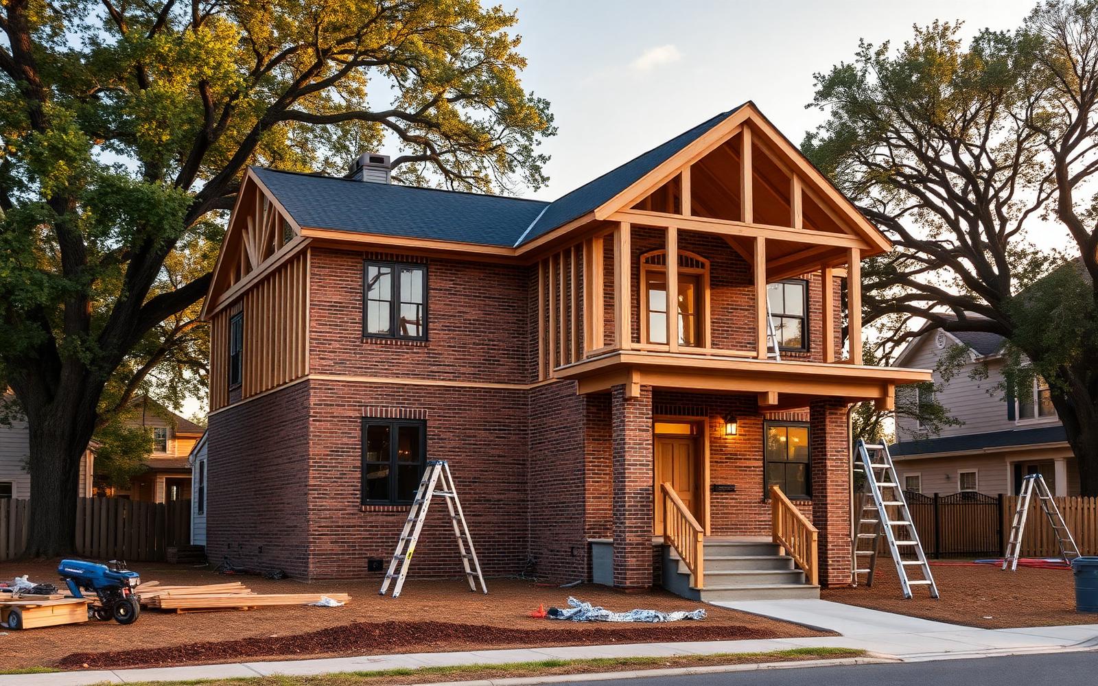 Newly framed custom home with brick veneer and a deep front porch under mature oaks in Charlotte NC
