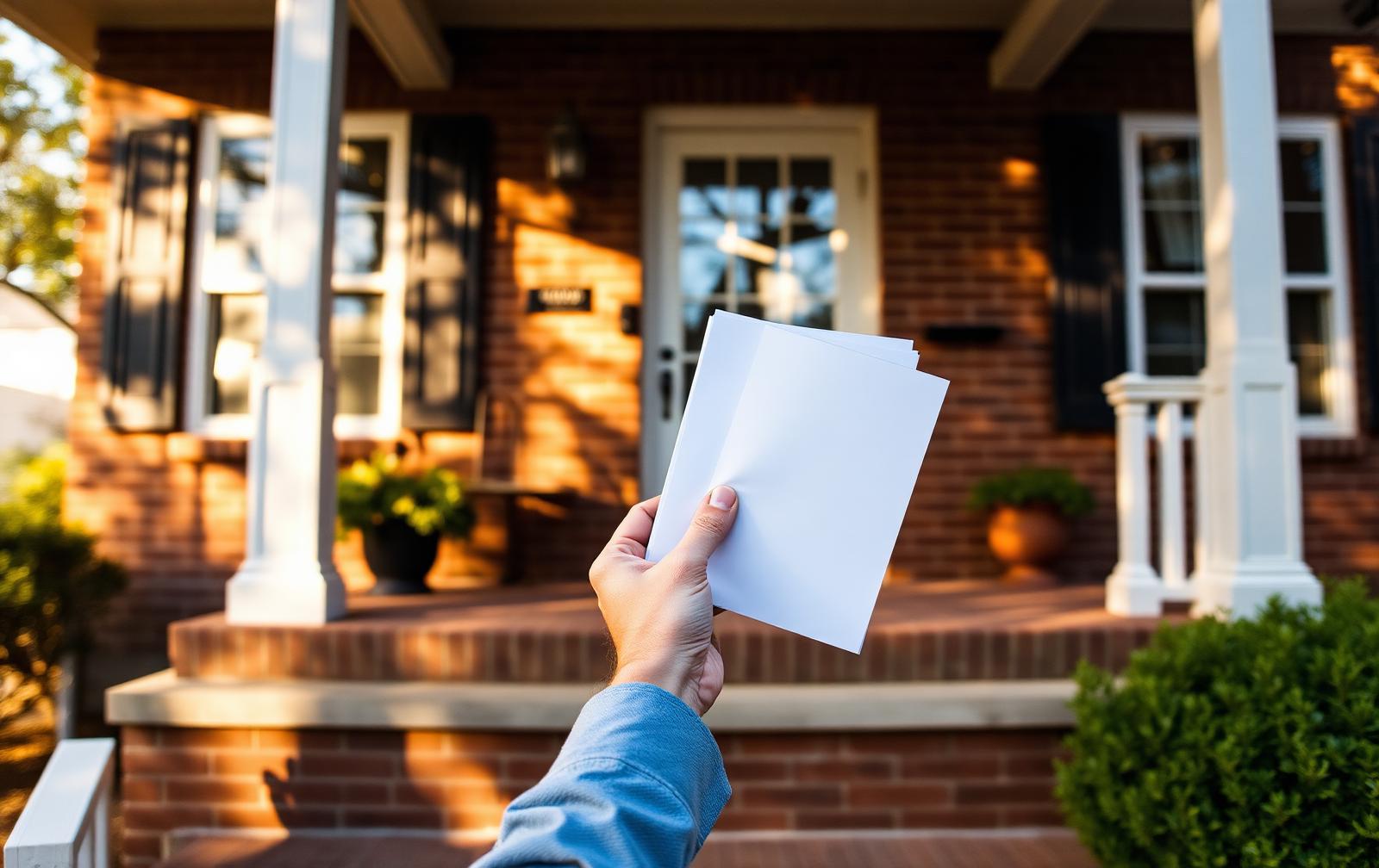 A buyer holding closing documents on the brick front steps of a 1920s Charlotte bungalow in late afternoon light, black shutters and white porch columns behind