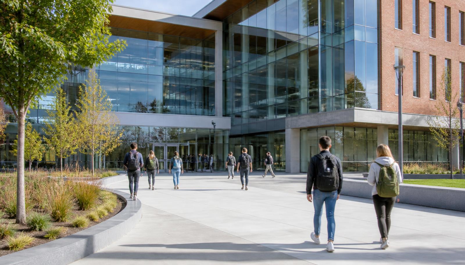 Urban community college campus building and student plaza in Charlotte NC