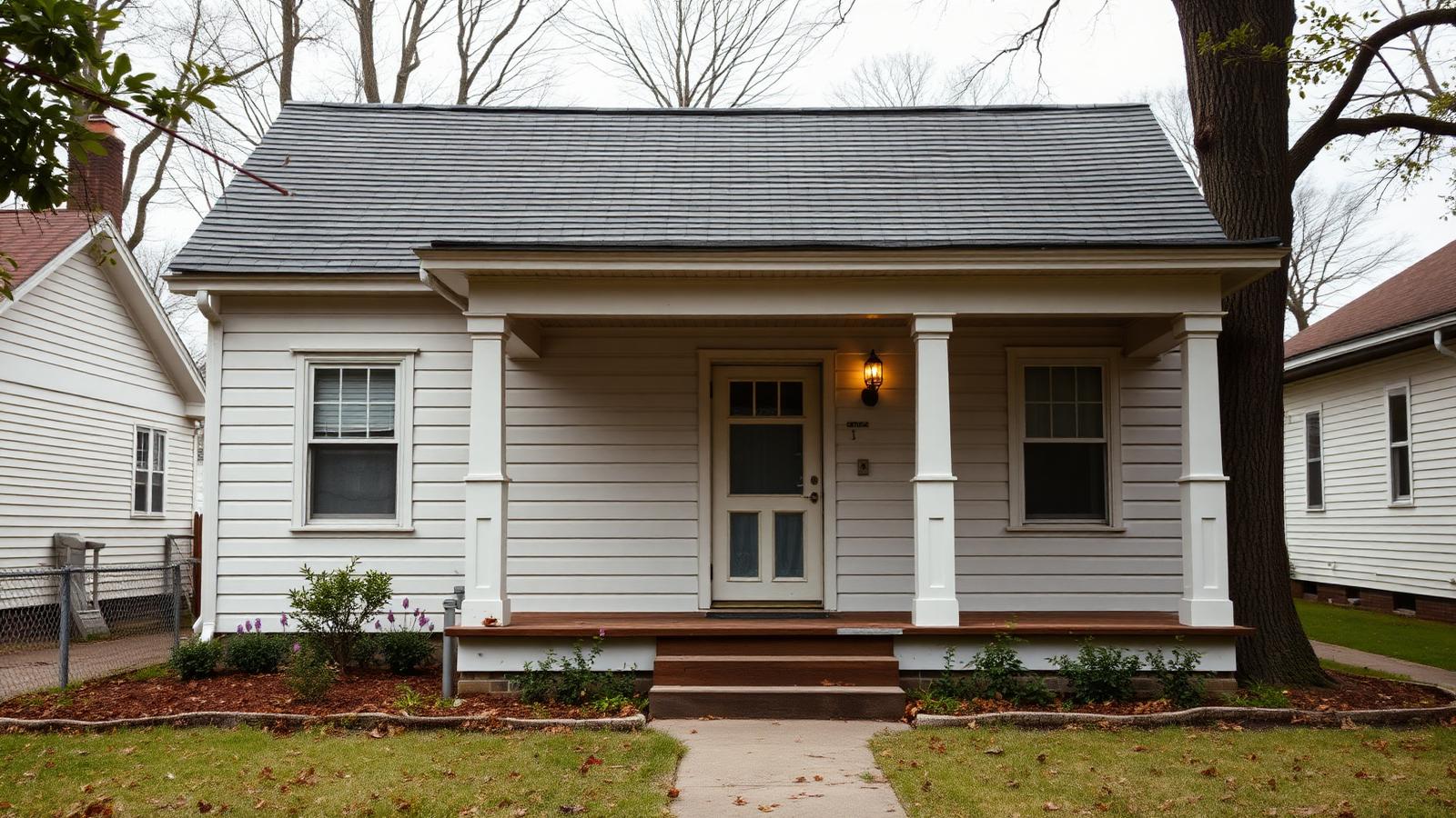 Modest early-1900s Charlotte cottage with clapboard siding and a small columned front porch