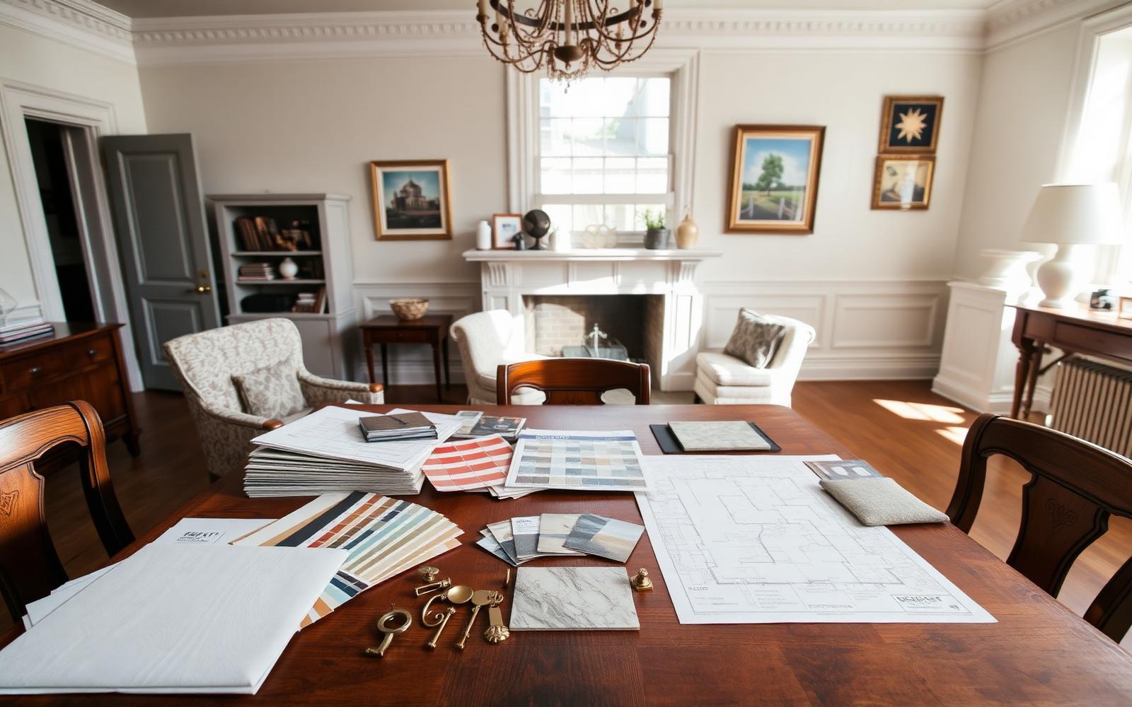 Fabric swatches, paint decks, stone samples, and a floor plan laid out on a walnut table in a historic Charlotte living room
