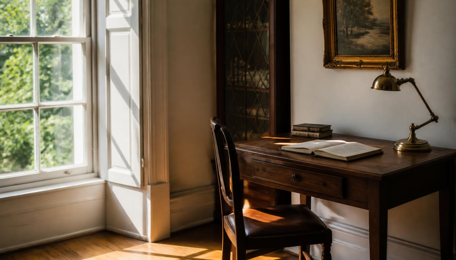 Writing desk and notebook by a sunlit window in a historic Elizabeth home