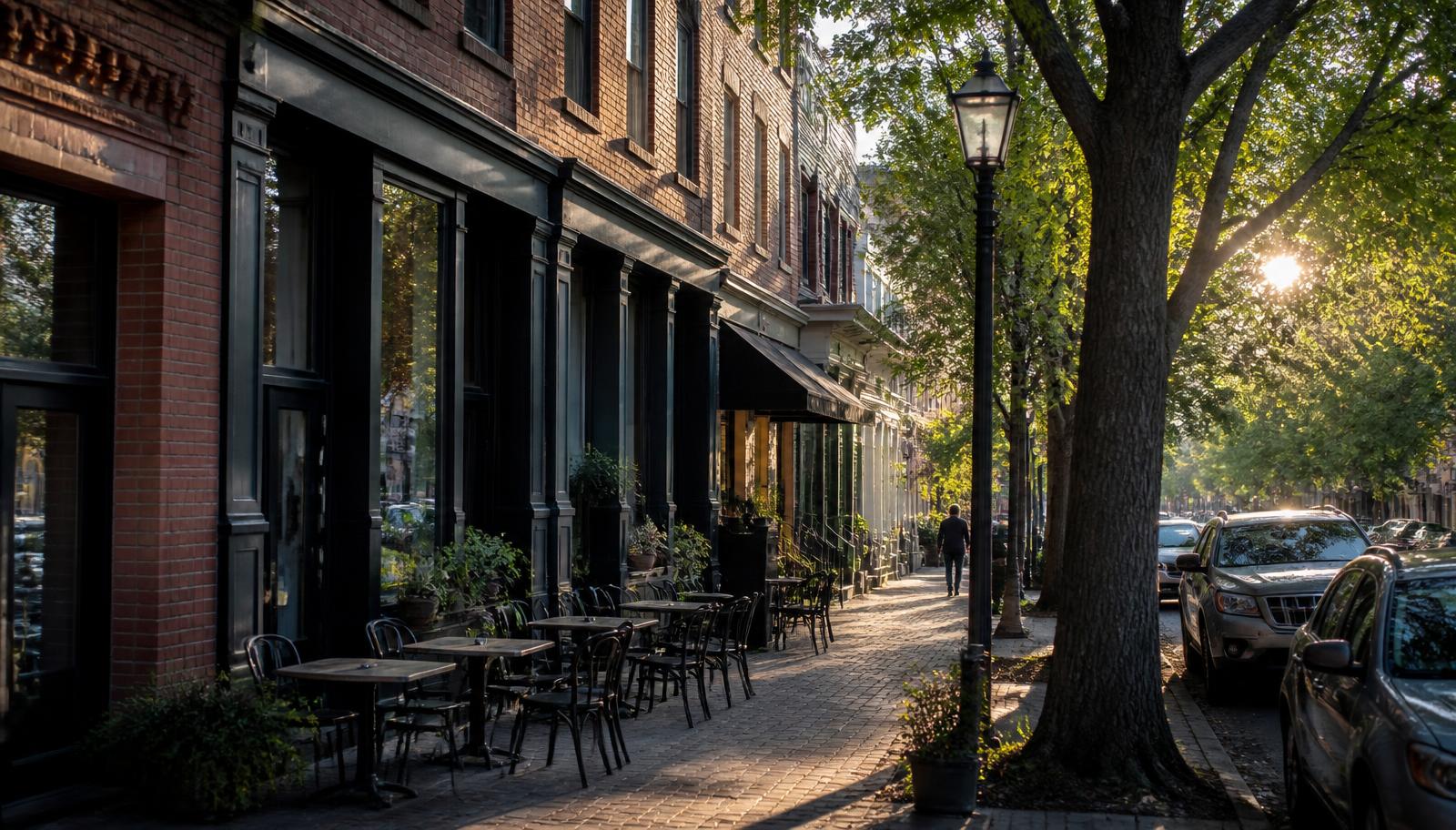 Brick storefronts and sidewalk cafe tables on a historic Charlotte commercial street