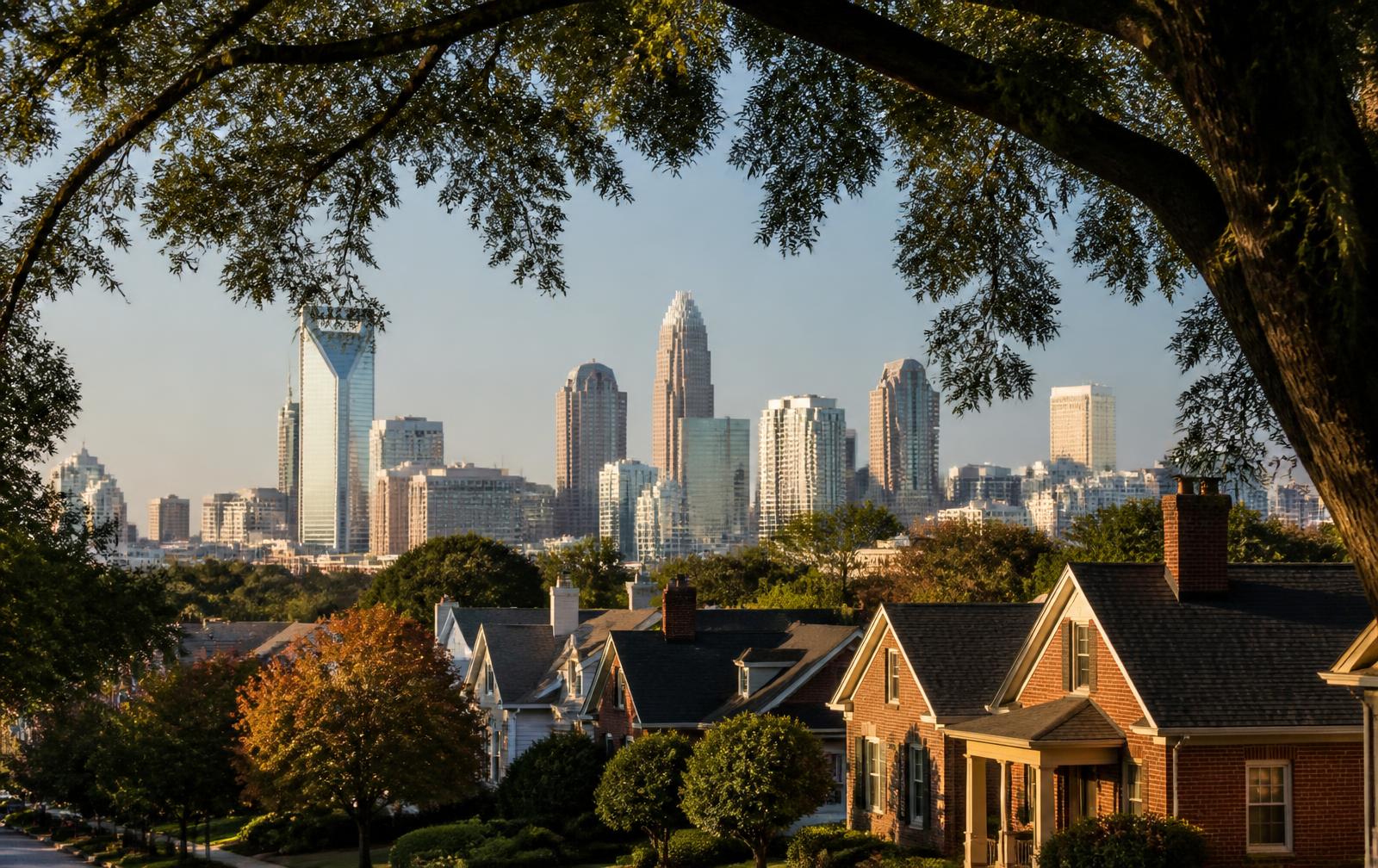 The uptown Charlotte skyline seen from a historic Elizabeth street, framed by willow oak branches above 1920s brick bungalow rooflines