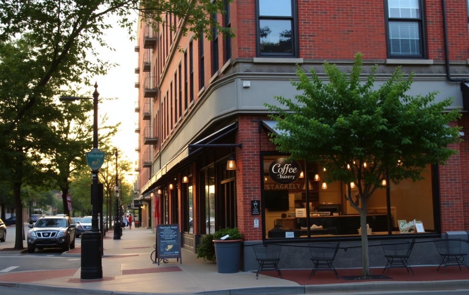 A brick commercial corner in a historic Charlotte neighborhood at early evening, awnings over a coffee shop and bakery, sidewalk tables and young street trees