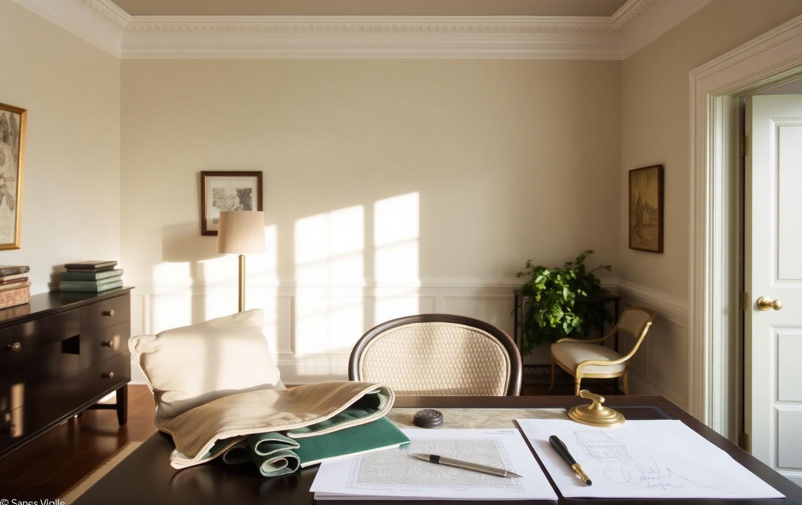 Interior design samples, millwork sketch and fabric swatches on a table in a restored 1920s room in Elizabeth, Charlotte NC