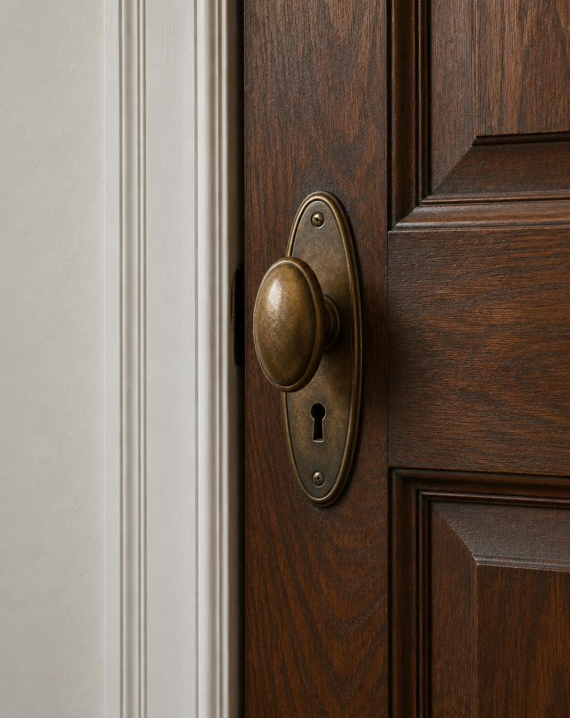 Illustrative architectural detail of bronze hardware on a finely crafted walnut door