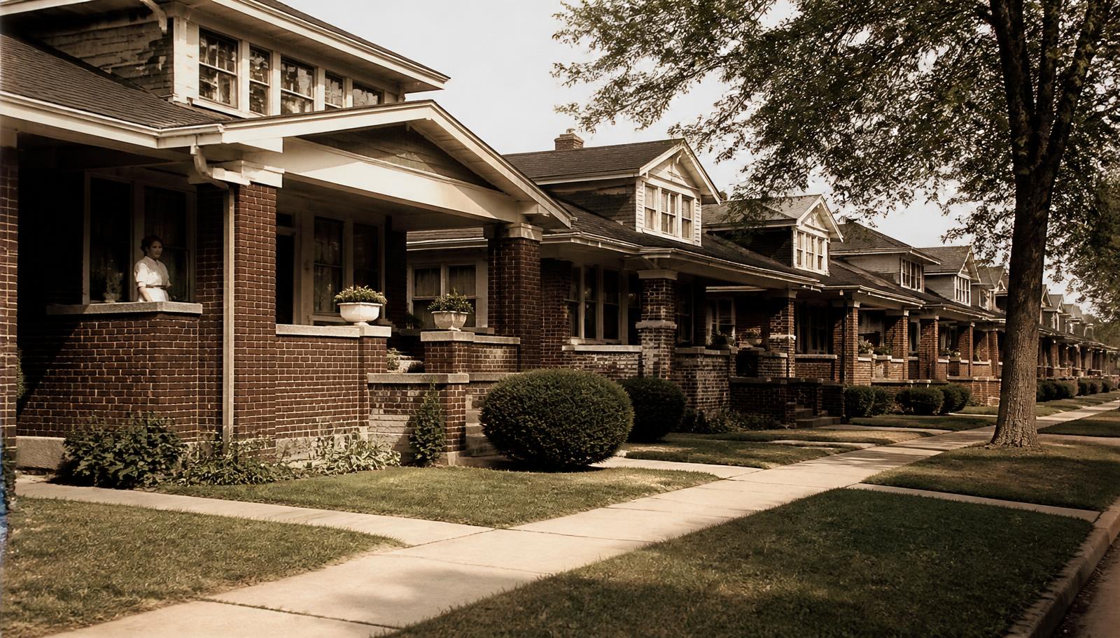 Row of 1920s brick bungalows with deep porches in an early streetcar suburb