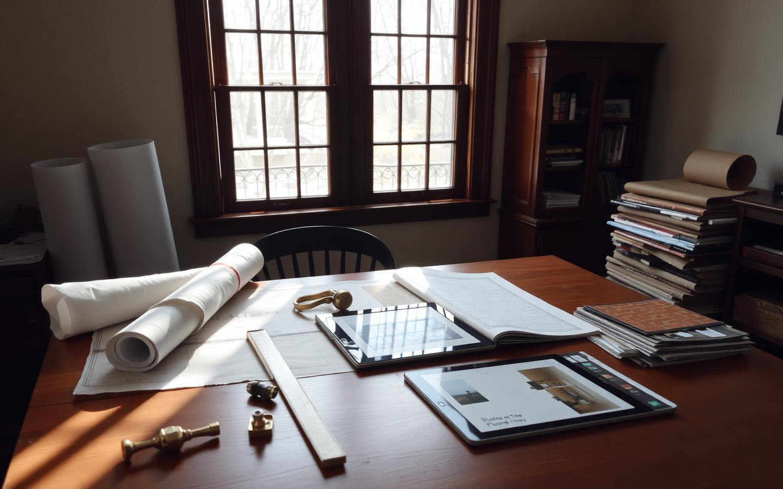 Blueprints, a scale ruler, hardware samples, and a floor plan on a worktable in a historic Charlotte home office