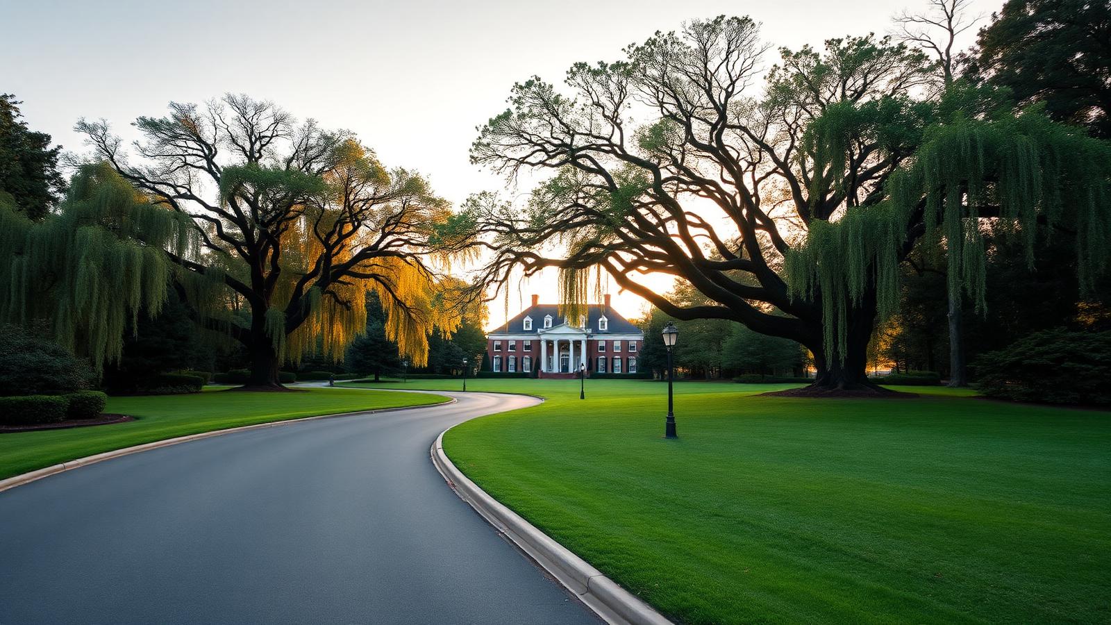Curving landscaped boulevard in Myers Park Charlotte with enormous oak canopy and a large brick house set far back