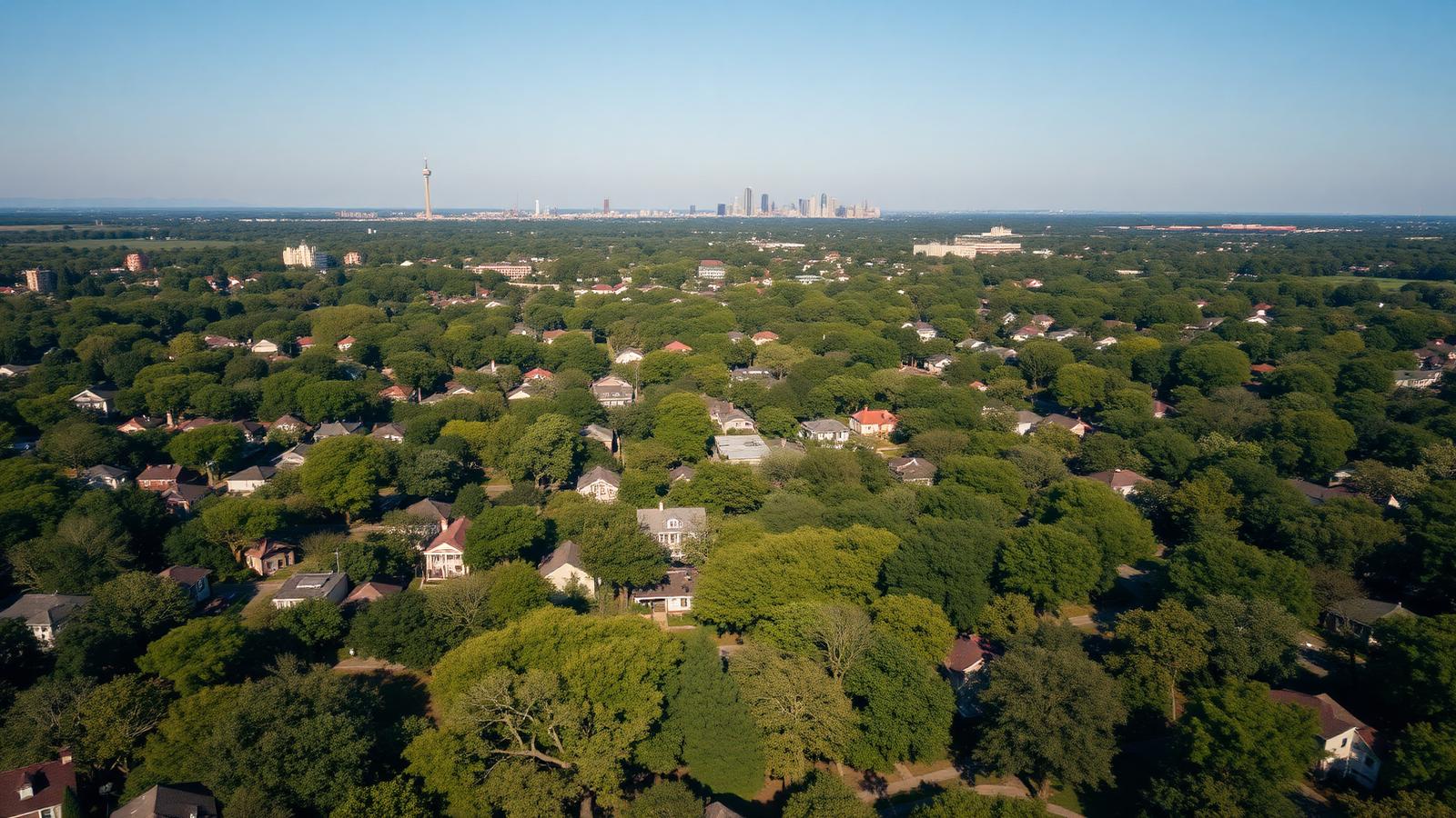 Aerial view over a tree-covered historic Charlotte neighborhood with the uptown skyline rising in the distance