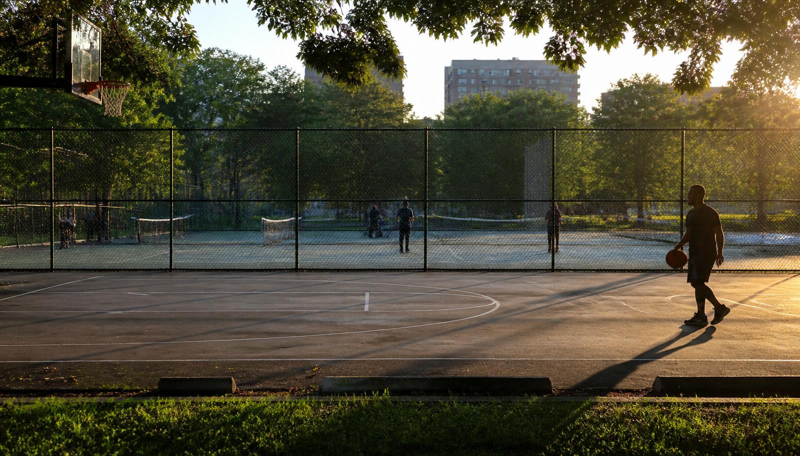 Public tennis and basketball courts in a leafy urban park at golden hour