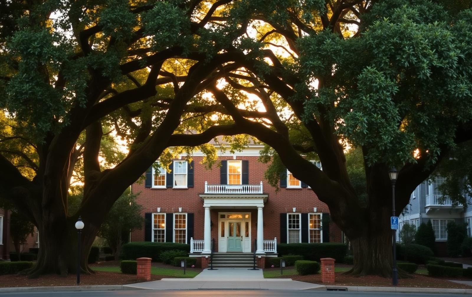 Restored 1920s brick Colonial Revival house under mature oak canopy on a historic street in Elizabeth, Charlotte NC