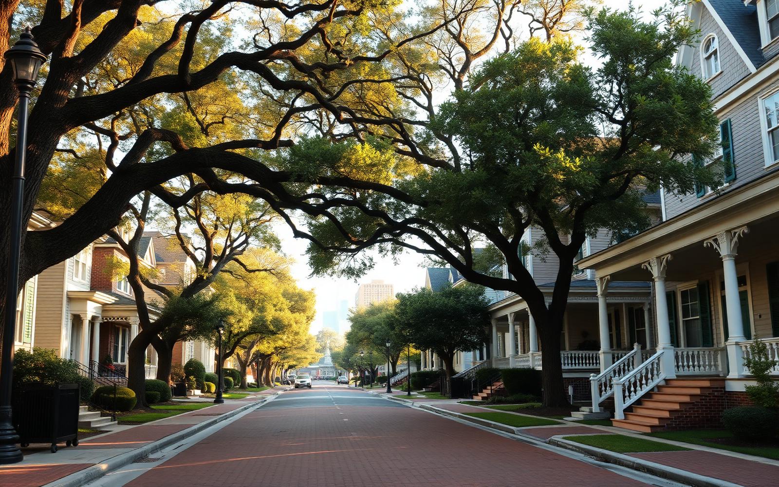 Willow oak canopy over a brick street of Craftsman and Colonial Revival homes in Elizabeth, Charlotte NC