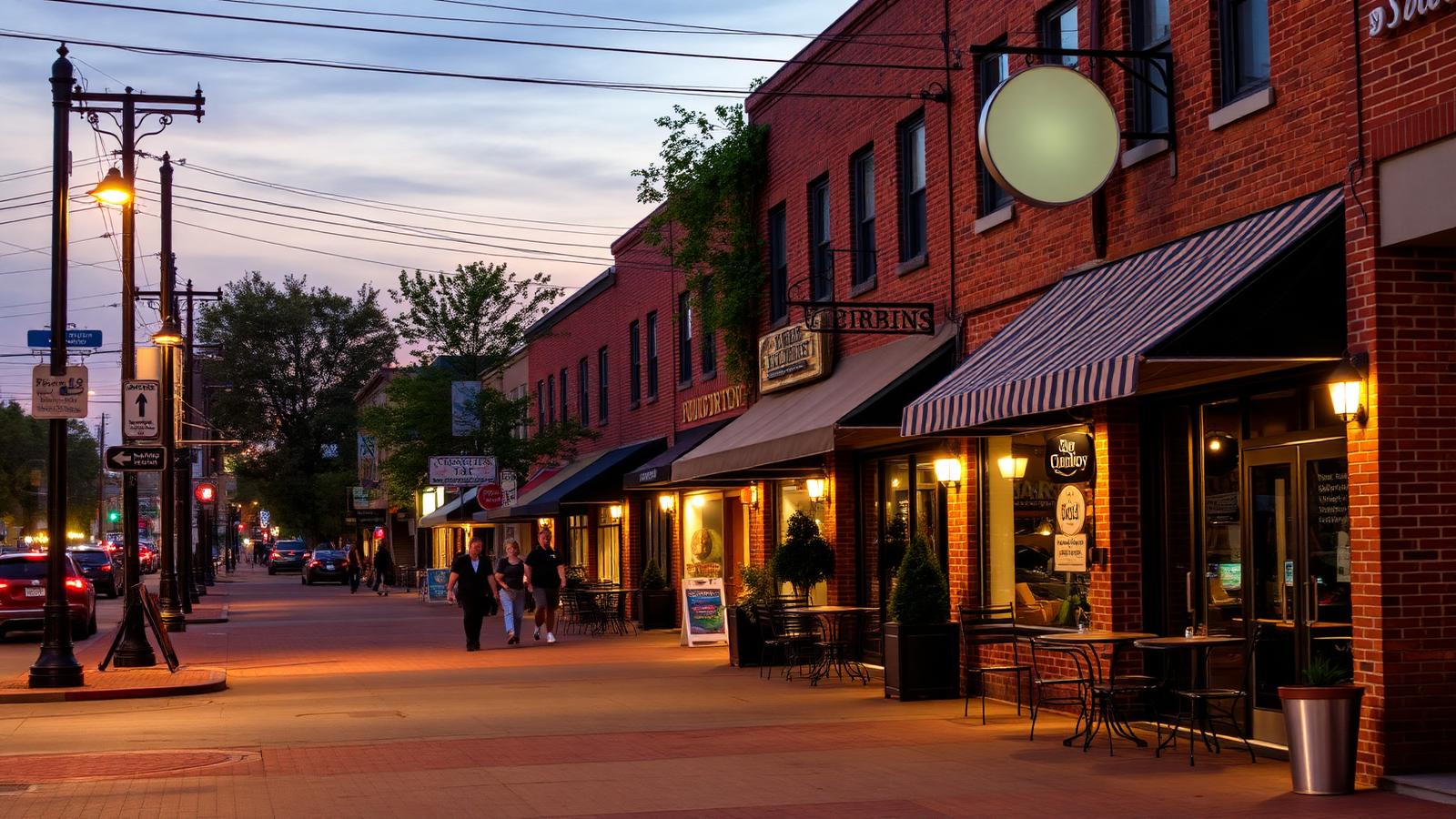 Brick storefronts with awnings and patio seating along an eclectic Charlotte commercial strip at dusk