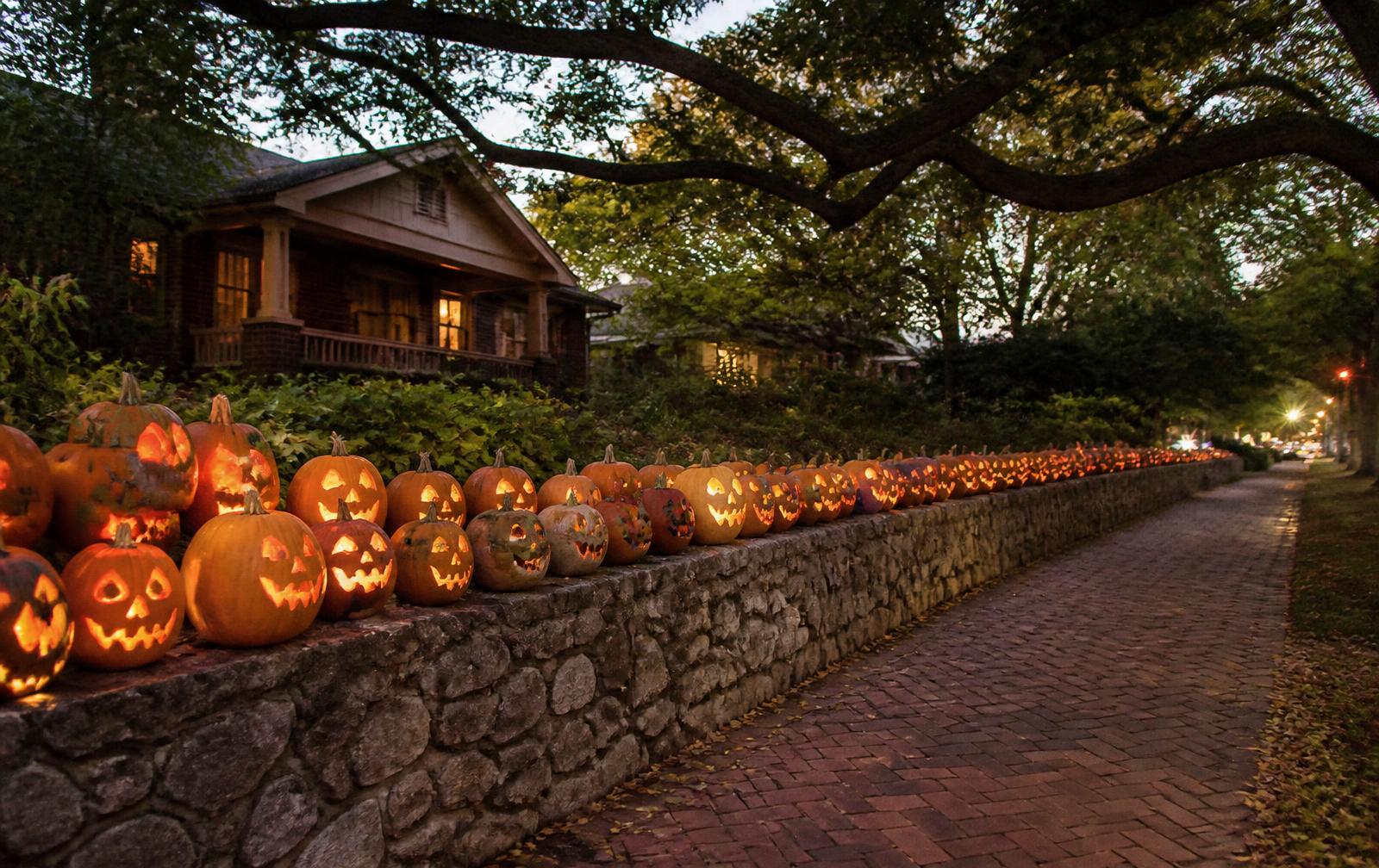 Hundreds of carved jack-o'-lanterns glowing along a low stone garden wall on a canopied Elizabeth street at dusk, with a lit Craftsman bungalow porch behind