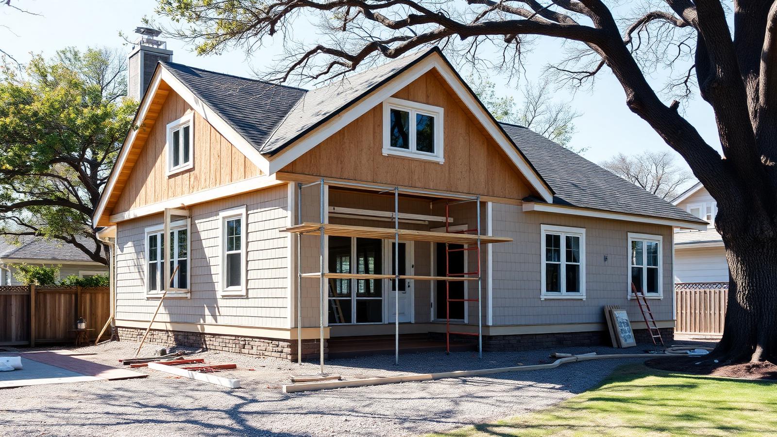 Framed rear addition under construction behind a historic Charlotte bungalow, new lumber meeting original clapboard siding